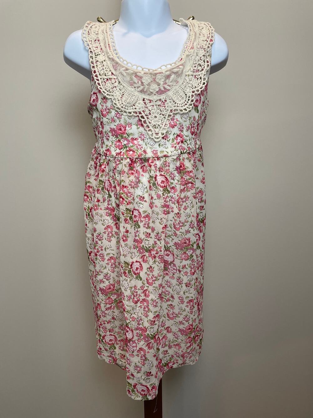 Jenna & Jessi Floral Chiffon Dress Lace Trim Tie Waist Made in USA Girls Size 8